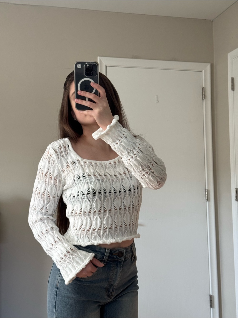 Freshman White Open-Weave Cropped Knit Top